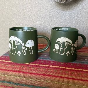 Spore Me Another MUSHROOMS 16oz Etched Ceramic Coffee Tea Mug set of (2) Green